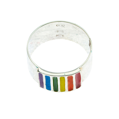 Anillo banda de plata de ley esmaltada - Anillo de banda con motivo de arcoíris esmaltado