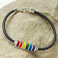 Enameled sterling silver pendant bracelet, 'Pride of Mexico' - Sterling Silver Pendant Bracelet with Enameled Rainbow