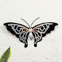 Steel wall art, 'Aztec Butterfly in Black' - Handmade Butterfly Motif Steel Metal Wall Art from Mexico