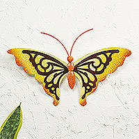 Steel wall art, 'Aztec Butterfly in Yellow' - Yellow Butterfly-themed Steel Wall Art Handmade in Mexico