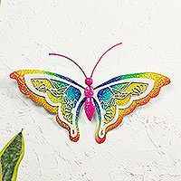 Steel wall art, 'Rainbow Aztec Butterfly' - Multicolored Butterfly-themed Steel Wall Art Made in Mexico