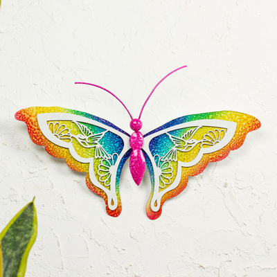 Steel wall art, 'Rainbow Aztec Butterfly' - Multicolored Butterfly-themed Steel Wall Art Made in Mexico