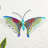 Arte de pared de acero, 'Mariposa multicolor' - Arte de pared de acero multicolor hecho a mano de México