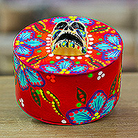 Papier mache box, 'Calavera in Red' - Papier Mache Skull Jewelry Box Made with Recycled Cardboard