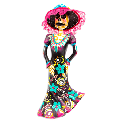 Recycled papier mache statuette, 'Traditional Catrina' - Recycled Papier Mache Handmade Mexican Catrina Statuette
