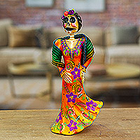 Recycled papier mache statuette, 'Colorful Catrina' - Mexican Catrina Statuette Made with Recycled Papier Mache