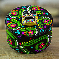 Papier mache jewelry box, 'Skull in Black' - Papier Mache Skull Jewelry Box Made with Recycled Cardboard