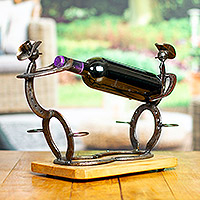 Wood and iron horseshoe bottle holder, 'A Bottle for Everyone' - Mexican Handcrafted Oak Wood and Horseshoe Bottle Holder