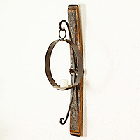 Iron and wood wall sconce, 'Lights from the Hacienda' - Iron and Wood Wall Sconce Handcrafted from Barrel in Mexico