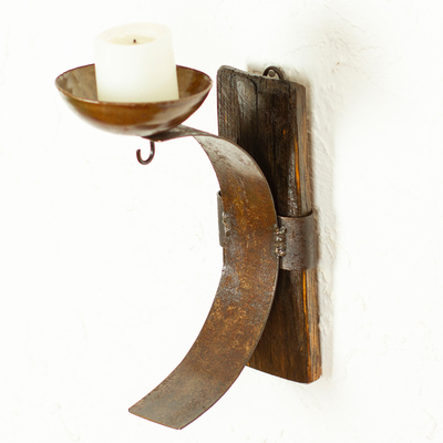 Iron and wood wall sconce, 'Rustic Little Light' - Iron and Wood Wall Barrel Sconce Handcrafted in Mexico