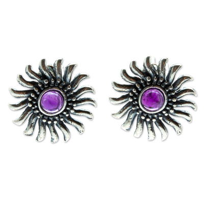 Amethyst button earrings, 'Sun in Purple' - Sun-themed Amethyst and 925 Sterling Silver Button Earrings
