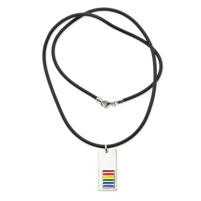 Sterling silver pendant necklace, 'Rainbow Pride Plaque' - Unisex Sterling Silver LGBTQ-themed Pendant Necklace