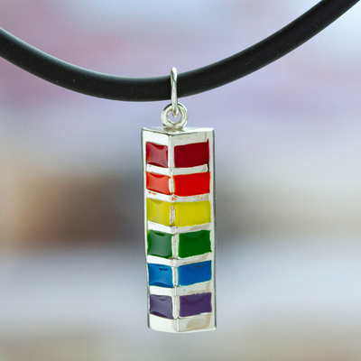 Sterling silver pendant necklace, 'Rainbow Pride' - Unisex Sterling Silver Cord LGBTQ-themed Pendant Necklace