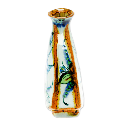 Vase aus Keramik, 'Delta Nature' - Handbemalte florale Keramikvase aus Mexiko