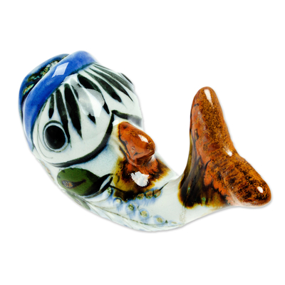 Ceramic pencil holder, 'Handy Fish' - Ceramic Fish Pencil Holder Hand-Painted in Mexico