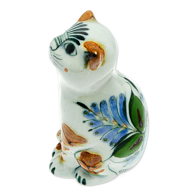 Ceramic figurine, 'Traditional Cat' - Cat Themed Ceramic Figurine Hand-Painted in Mexico