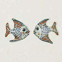 Ceramic wall decorations, 'Marine Meeting' (pair) - Ceramic Fish Wall Decorations Hand-Painted in Mexico (Pair)