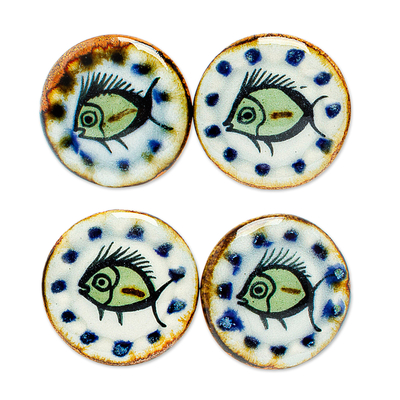 Keramikknöpfe, (4er-Set) - Set aus 4 Keramikknöpfen mit Fischmotiv, handbemalt in Mexiko