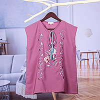 Sleeveless cotton blouse, 'Warm Paradise' - Handmade Floral Cotton Sleeveless Blouse in Red with Tassels