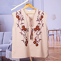 Sleeveless cotton blouse, 'Autumn Paradise' - Handmade Cotton Sleeveless Blouse with Embroidered Flowers