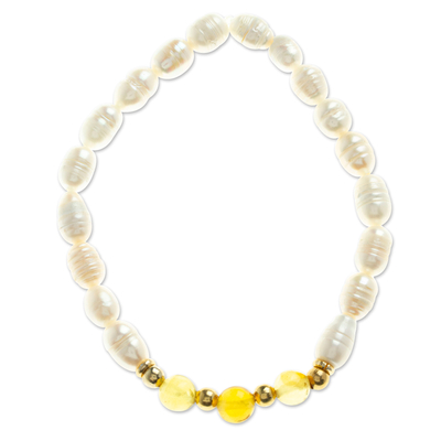 Cultured Pearl Beaded Stretch Bracelet with Amber Stones