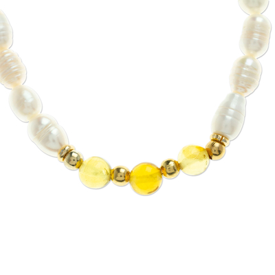 Cultured pearl and amber beaded stretch bracelet, 'Pearly Courage' - Cultured Pearl Beaded Stretch Bracelet with Amber Stones