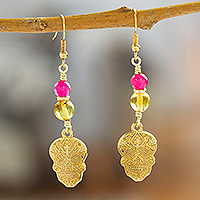 Amber and agate dangle earrings, 'Festive Skull' - 14k Gold-Plated Skull Dangle Earrings with Amber and Agate