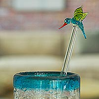 Recycled glass cocktail stirrer, 'Cheerful Hummingbird' - Handblown Recycled Glass Cocktail Stirrer with Hummingbird
