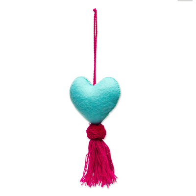 Wool felt ornament, 'Bright Floral Heart' - Hand-Embroidered Heart-Shaped Blue Wool Felt Ornament