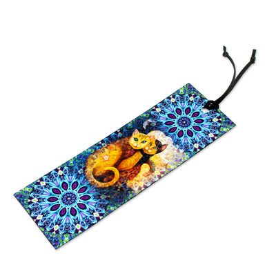 Decoupage bookmark, 'Two Cats' - Cat-themed Blue Decoupage Bookmark with Cord from Mexico