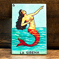 Decoupage wood magnet, 'Alluring Ocean' - Mexican Wood Magnet with Mermaid-Themed Decoupage