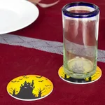 Decoupage wood coasters, 'Haunted House' (pair) - Pair of Handmade Halloween Decoupage Coasters from Mexico
