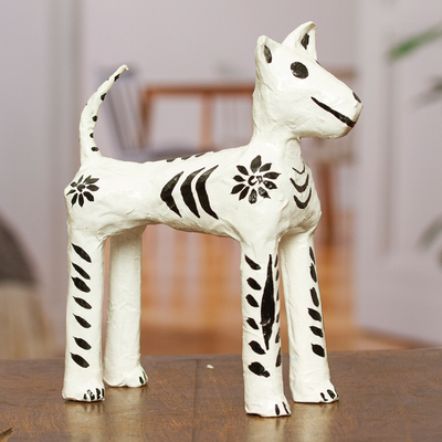 Papier mache figurine, 'Faithful in Death' - Handcrafted Papier Mache Dog Skeleton Figurine from Mexico
