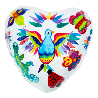 Papier mache wall decoration, 'Fauna Passion' - Handcrafted Papier Mache Heart Wall Decoration from Mexico