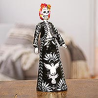 Papier mache figurine, 'Gallant Catrina in Black' - Handcrafted Papier Mache Catrina Figurine in Black