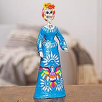 Papier mache figurine, 'Gallant Catrina in Cyan' - Handcrafted Papier Mache Catrina Figurine in Cyan