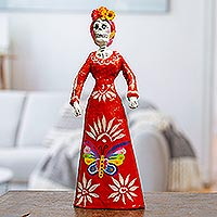 Papier mache figurine, 'Gallant Catrina in Red' - Handcrafted Papier Mache Catrina Figurine in Red