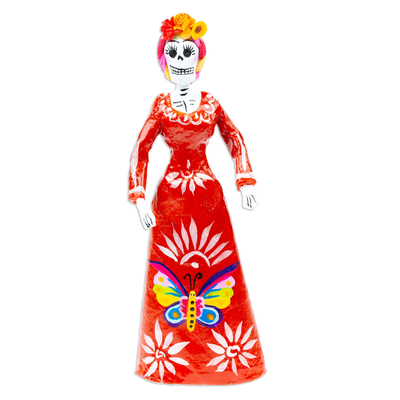 Papier mache figurine, 'Gallant Catrina in Red' - Handcrafted Papier Mache Catrina Figurine in Red