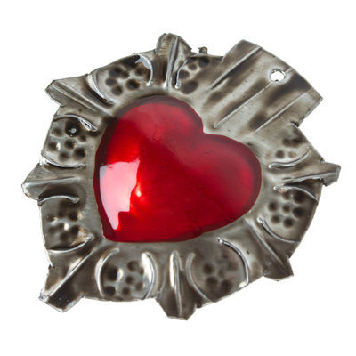 Steel ornament, 'Strong Red Love' - Tin-Plated Steel Ornament with Repousse Motifs and Red Tones