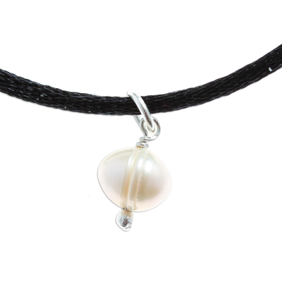 Cultured pearl pendant necklace, 'Merry Pearl' - Mexican Pendant Necklace with Cultured Pearl and Silk Cord
