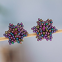 Beaded button earrings, 'Litmus Star' - Star-shaped Beaded Button Earrings Handcrafted in Mexico