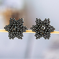 Beaded button earrings, 'Black Star' - Star-shaped Beaded Button Earrings Handcrafted in Mexico