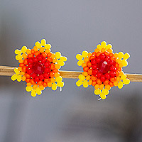 Beaded button earrings, 'Yellow Star' - Mexican Handcrafted Star-shaped Beaded Button Earrings