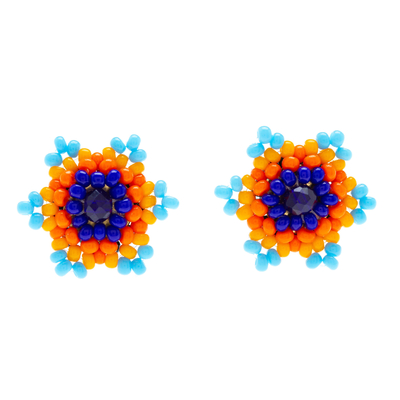 Beaded button earrings, 'Lapis Star' - Star-shaped Beaded Button Earrings Handcrafted in Mexico