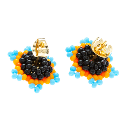 Beaded button earrings, 'Lapis Star' - Star-shaped Beaded Button Earrings Handcrafted in Mexico