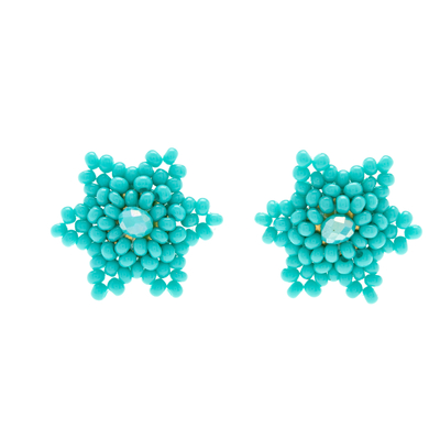 Aqua Star-shaped Beaded Button Earrings Handmade in Mexico