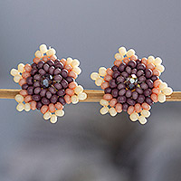 Beaded button earrings, 'Wisteria Star' - Lilac Star-shaped Beaded Button Earrings Handmade in Mexico