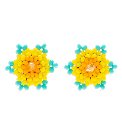 Beaded button earrings, 'Aqua Yellow Star' - Mexican Handcrafted Star-shaped Beaded Button Earrings