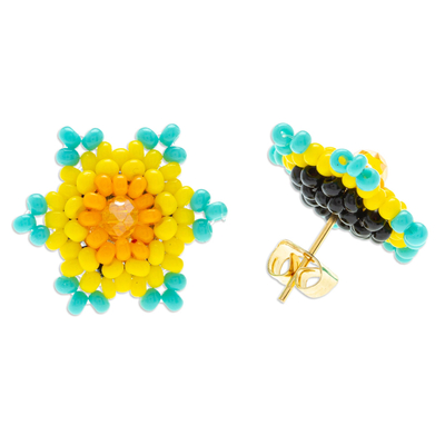 Perlenknopfohrringe, „Aqua Yellow Star“ – mexikanische handgefertigte sternförmige Perlenknopfohrringe