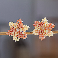 Beaded button earrings, 'Bicolor Star' - Star-shaped Beaded Button Earrings Handcrafted in Mexico
